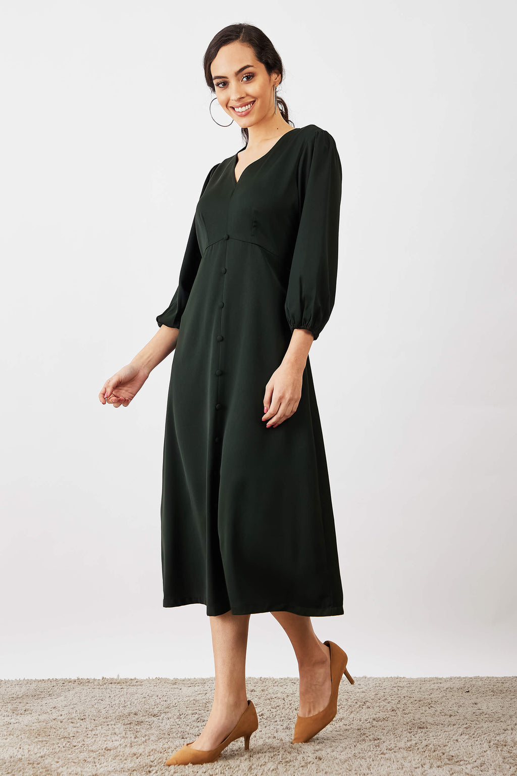 Mintini Faux Button Midi Dress - Olive Green