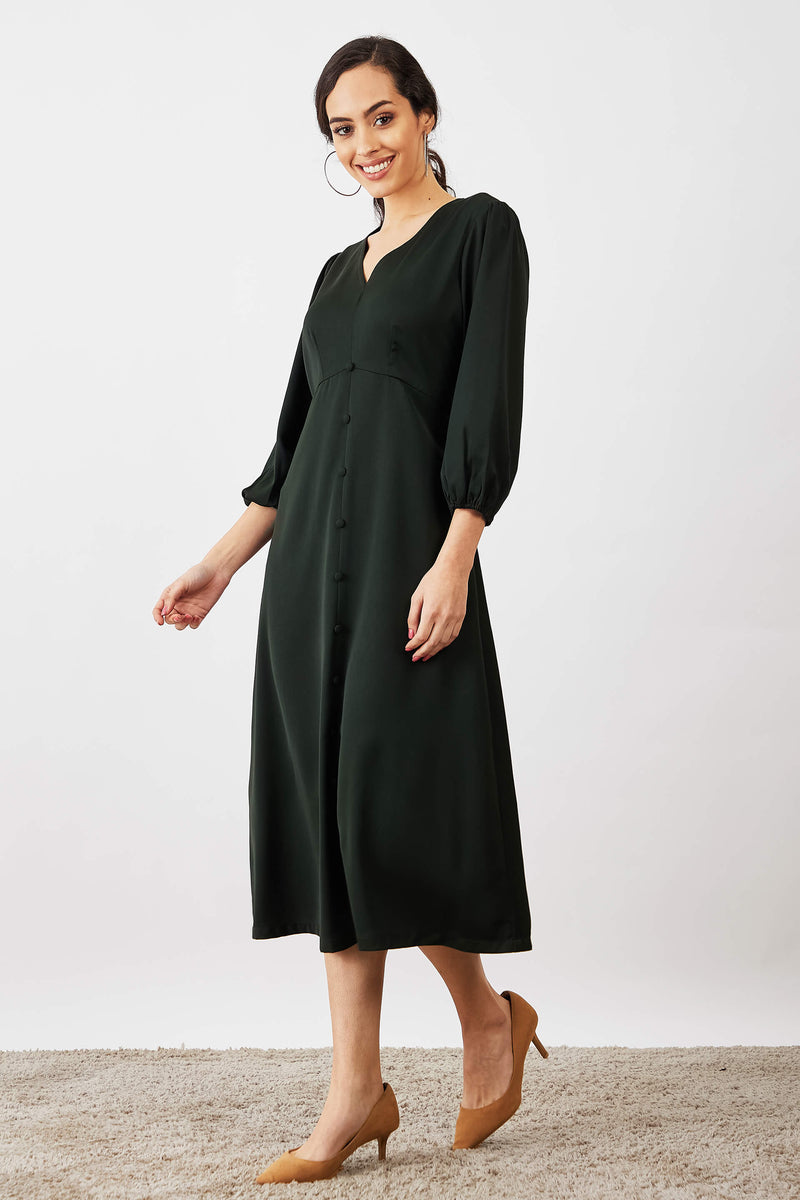 Mintini Faux Button Midi Dress - Olive Green
