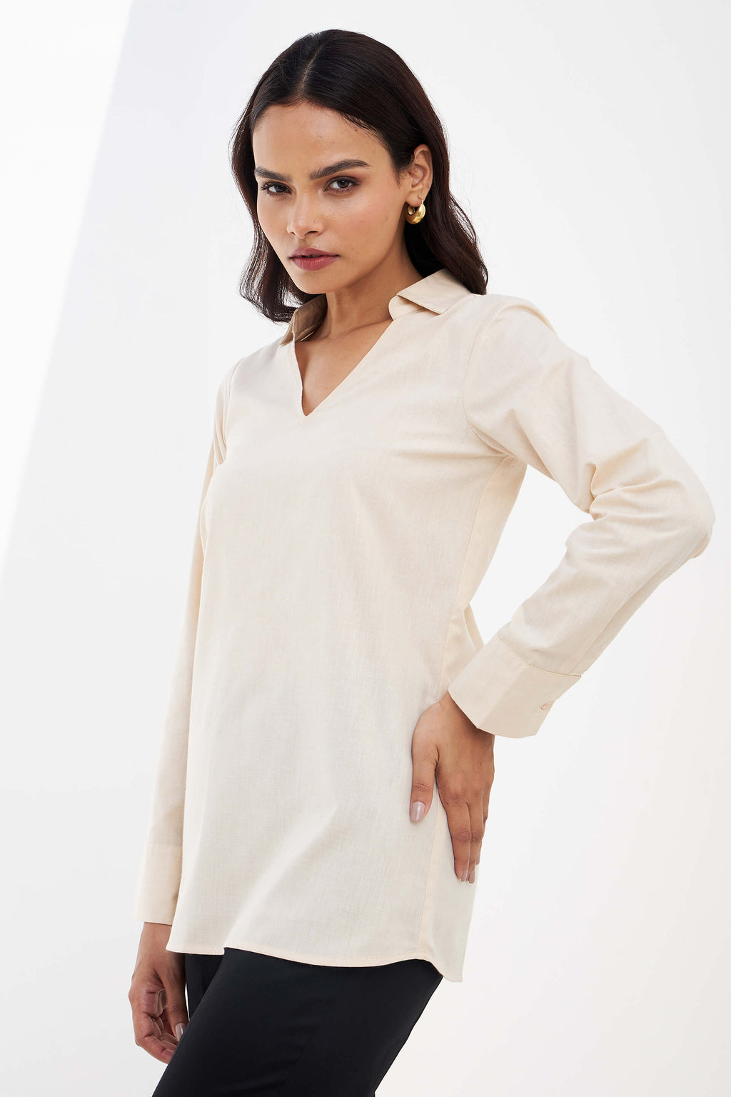 Allure Collared Long Top - Beige