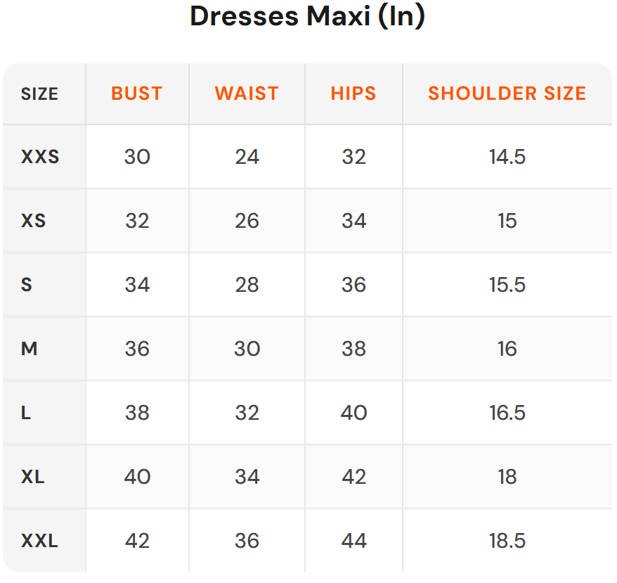 Size chart - Miss Mosa By Akanksha|Women's Dresses Maxi