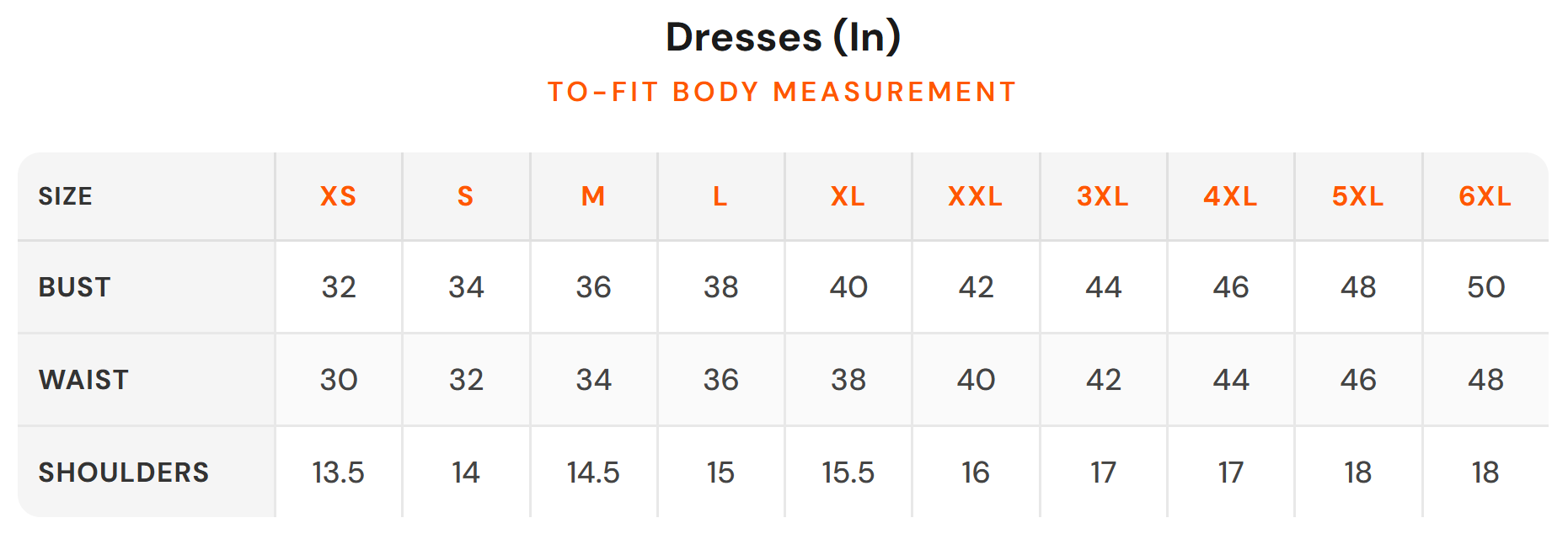 Size chart - Rustorange|Women's Dresses Midi