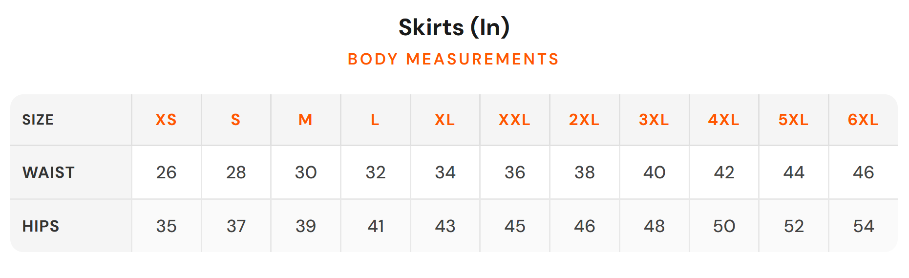 Size chart - SALT ATTIRE|Women's Bottomwear Skirts