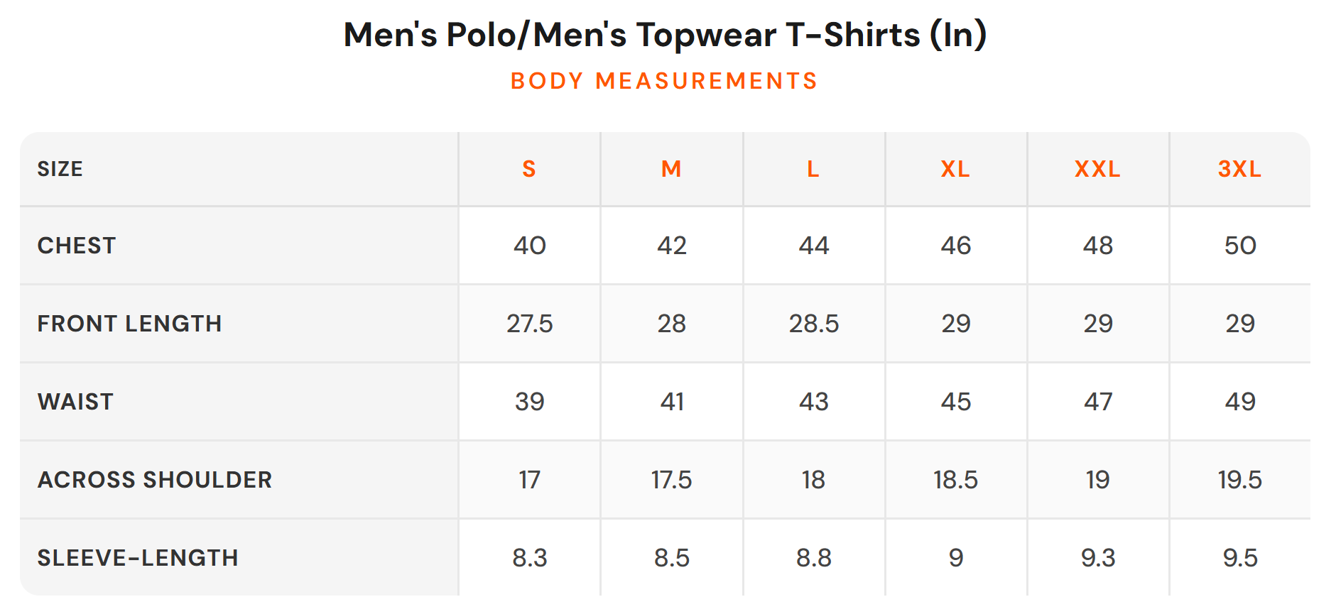Size chart - SUBTRACT|Men's Topwear T-Shirts