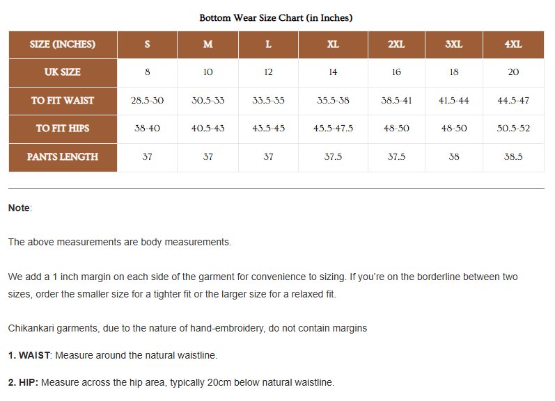 Size chart - Tahiliya|Women's Ethnic Bottoms