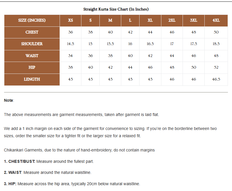 Size chart - Tahiliya|Women's Ethnic Kurtis