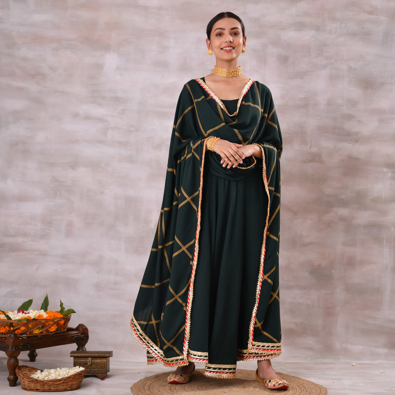 Emerald Green Long Kurta Dress with Gota Detailed Dupatta