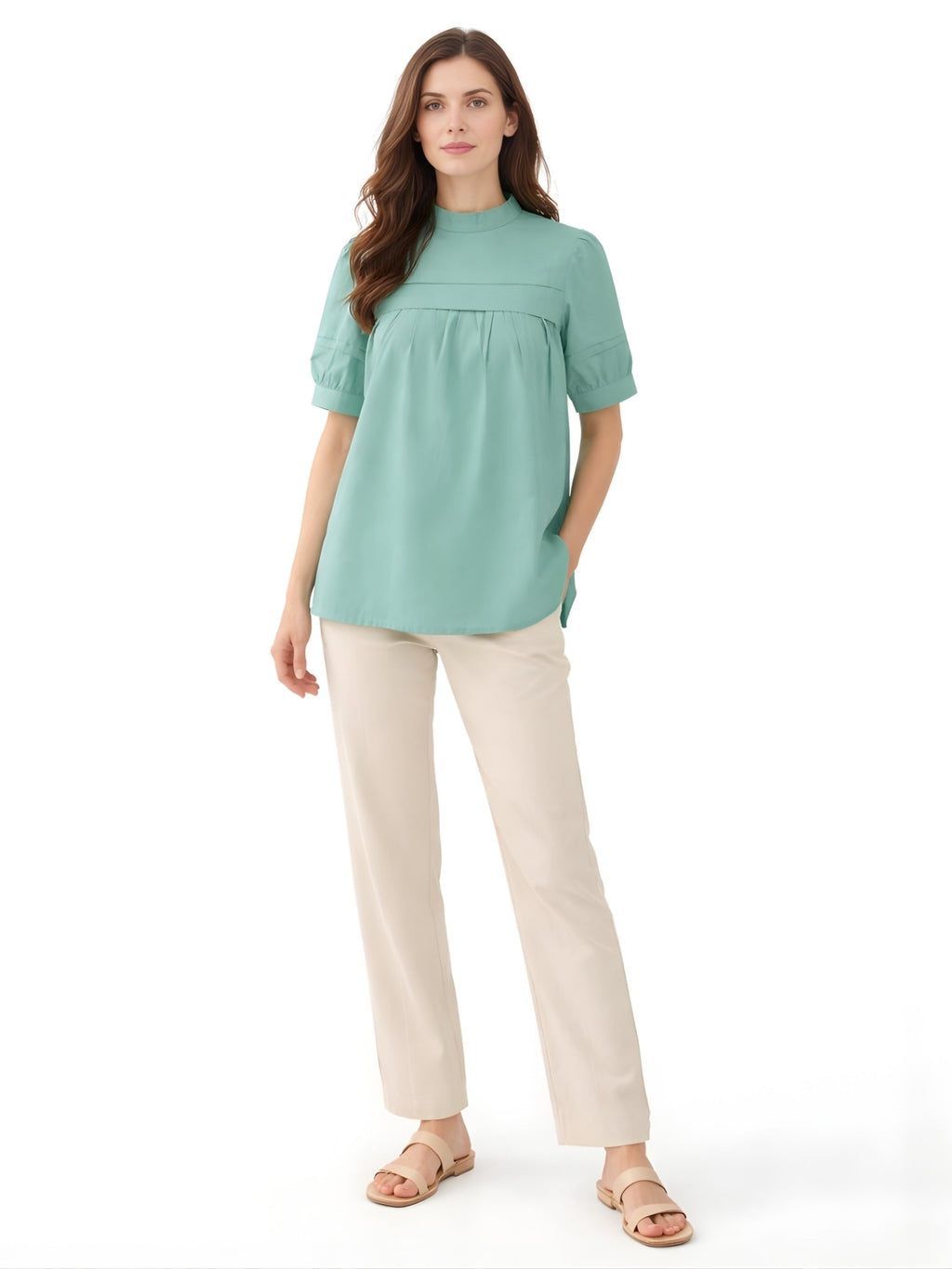 Green Solid Short Sleeves Top