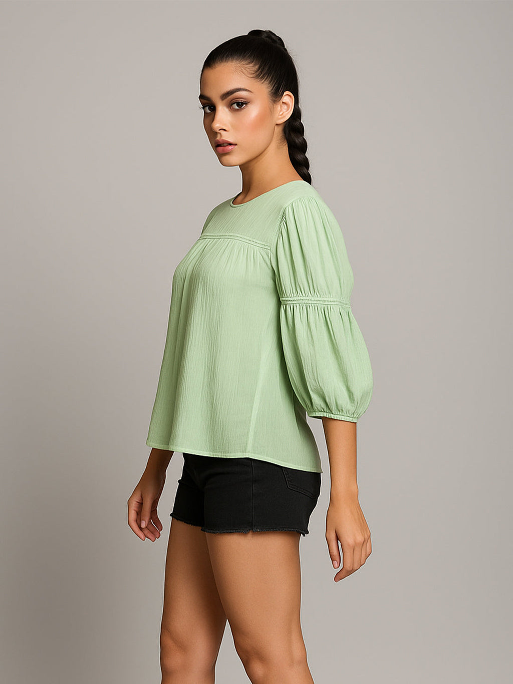 Green Solid 3/4th Sleeves Top
