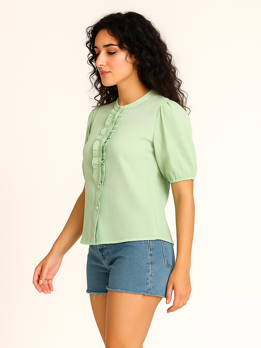 Green Solid Short Sleeves Top