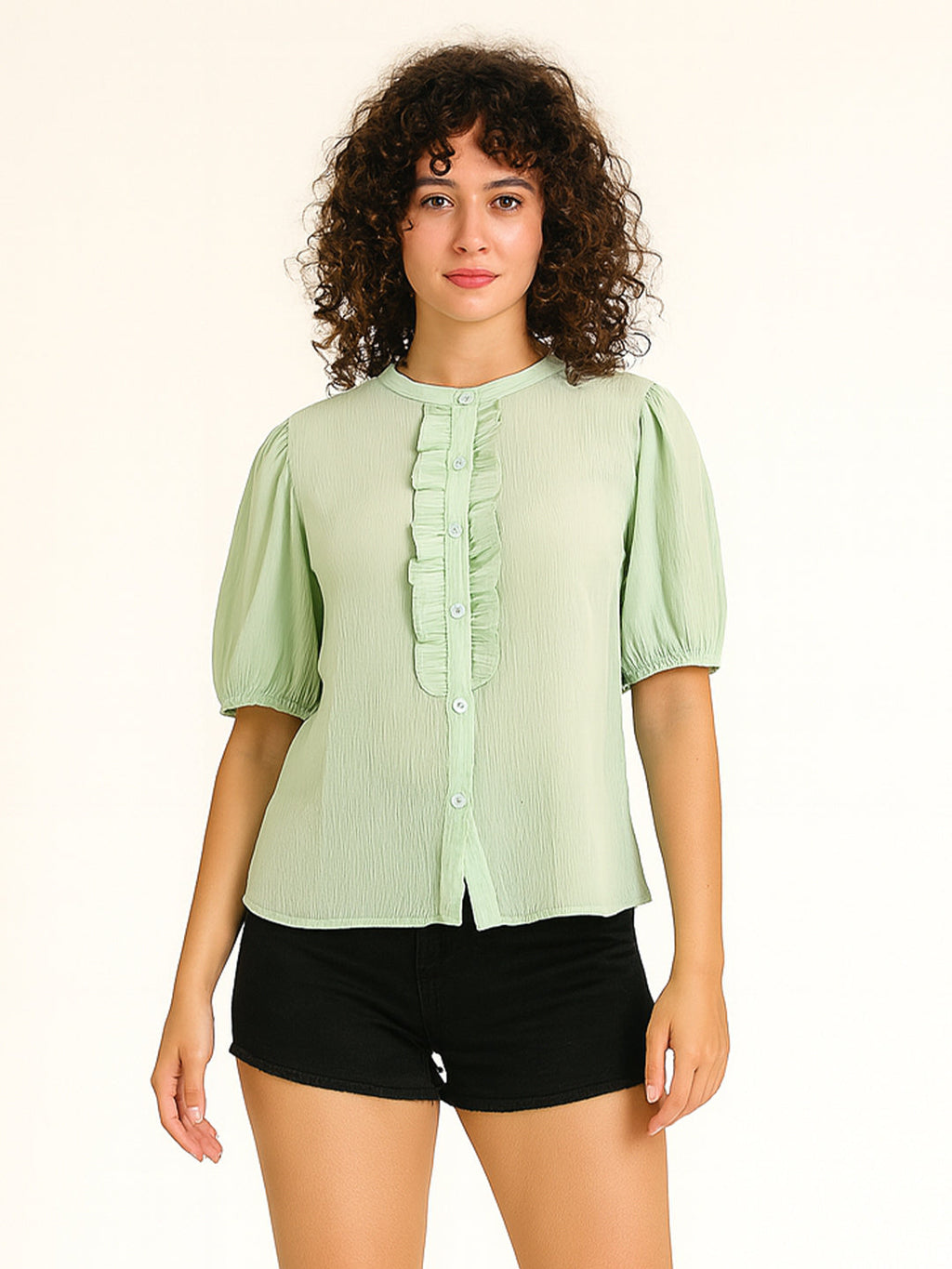 Green Solid Short Sleeves Top