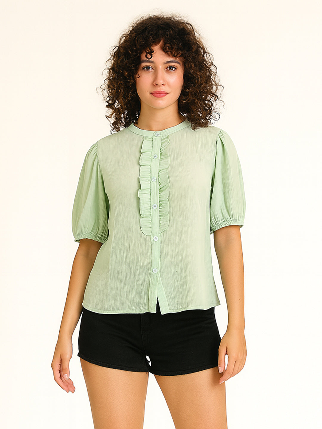Green Solid Short Sleeves Top