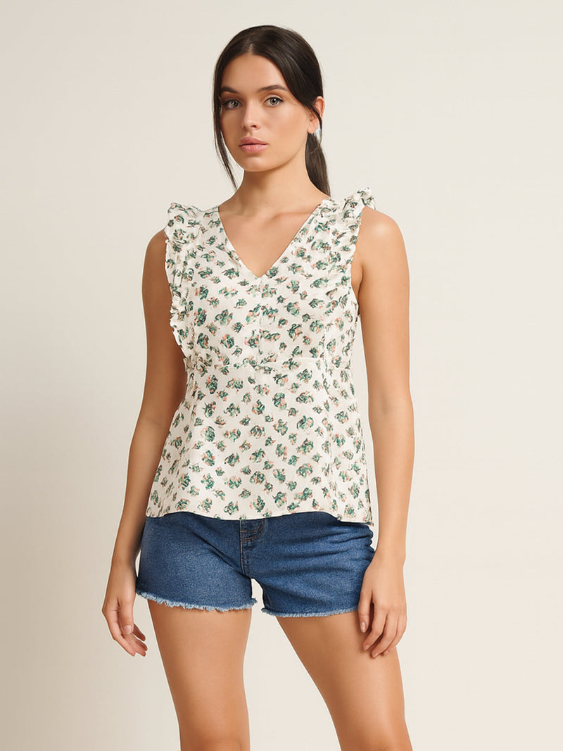 White Printed Sleeveless Top