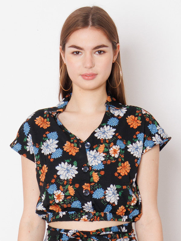 Black Floral Print Regular Fit Top