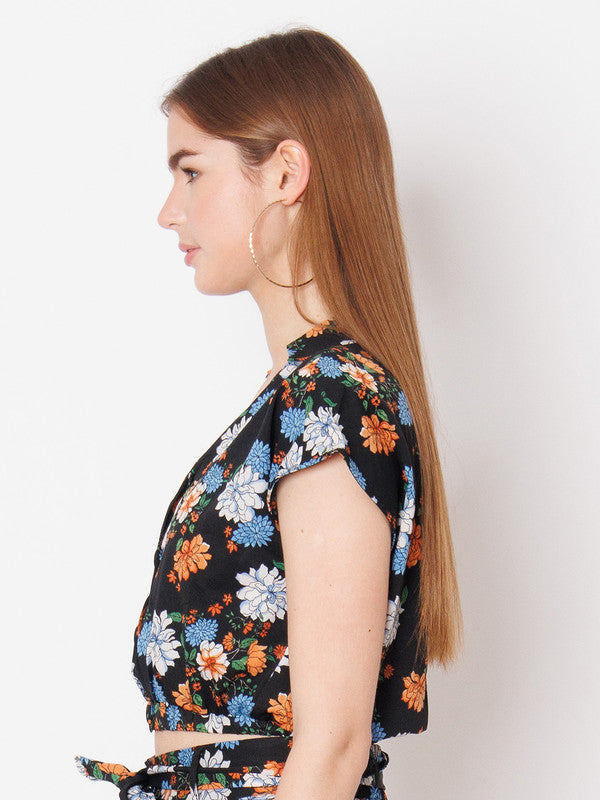 Black Floral Print Regular Fit Top