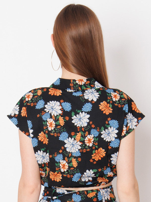 Black Floral Print Regular Fit Top