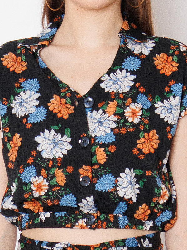 Black Floral Print Regular Fit Top