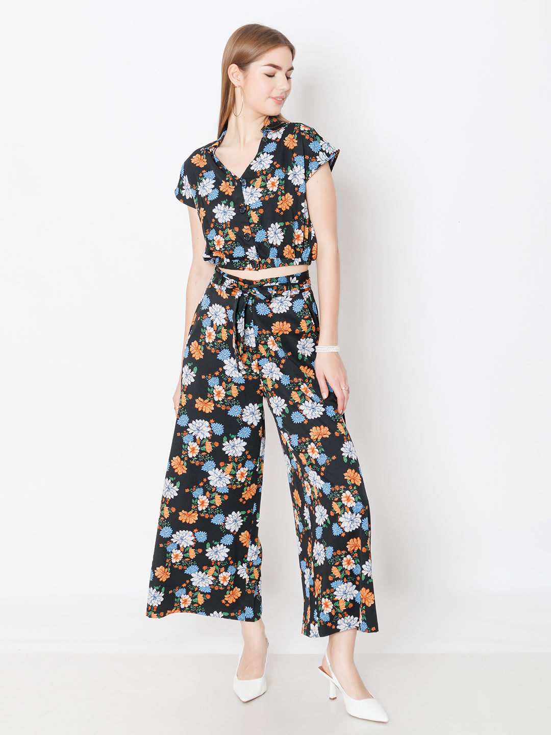 Black Floral Print Regular Fit Top