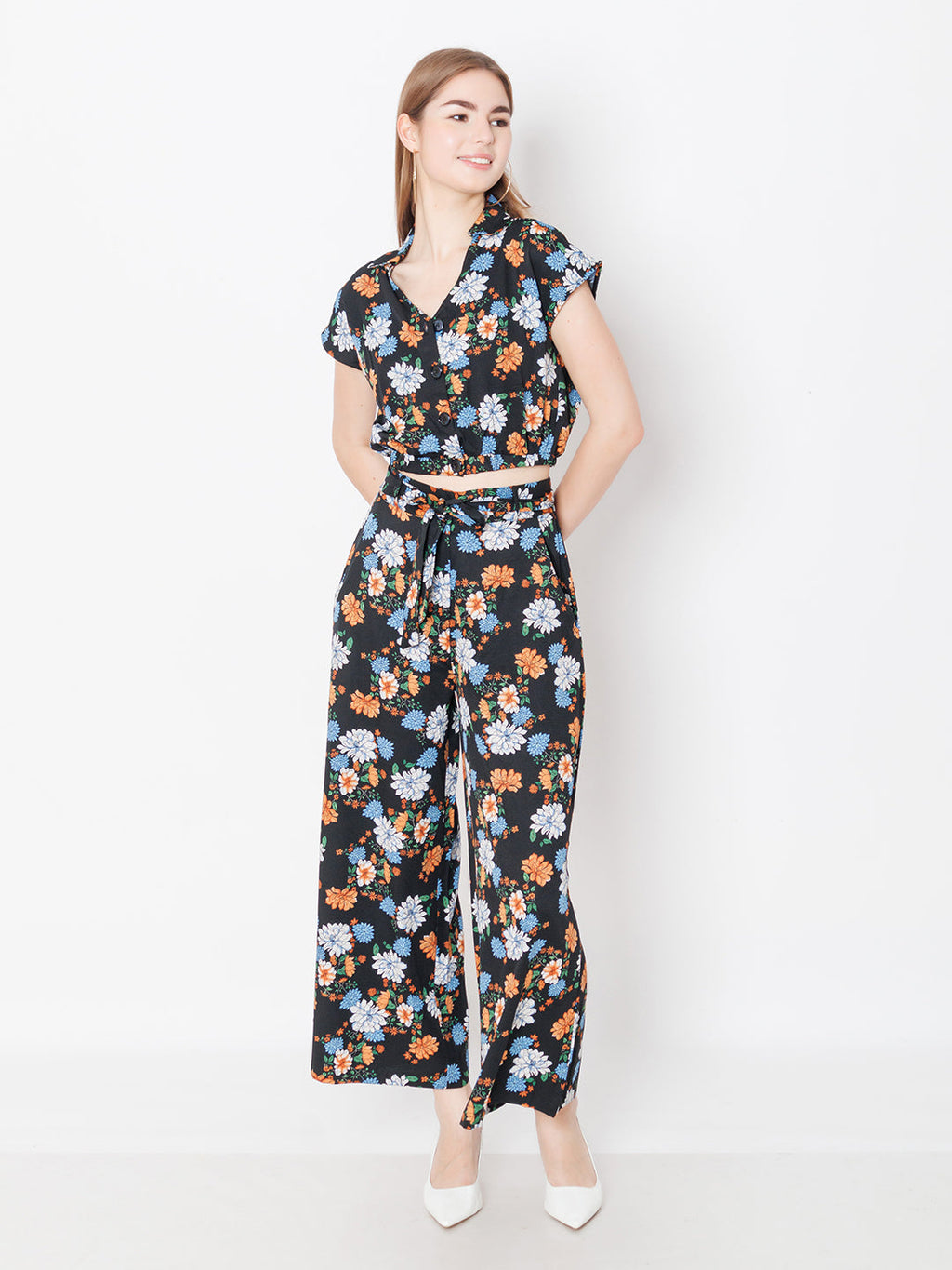 Black Floral Print Regular Fit Top