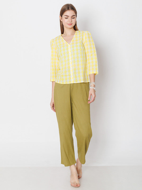 Yellow Checked Regular Fit Top