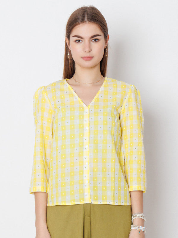 Yellow Checked Regular Fit Top