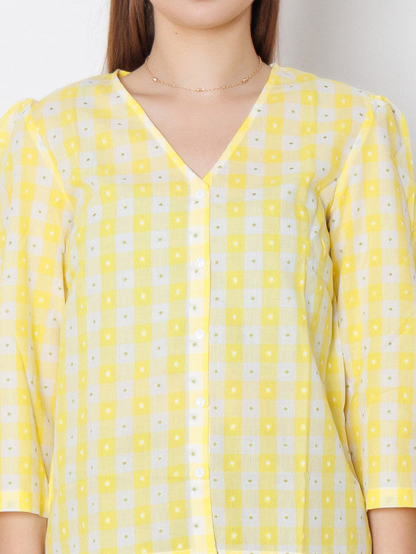 Yellow Checked Regular Fit Top