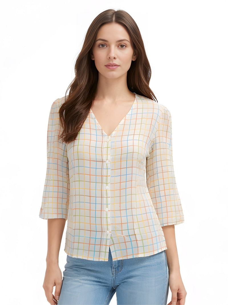White Checked Elbow Sleeves Top