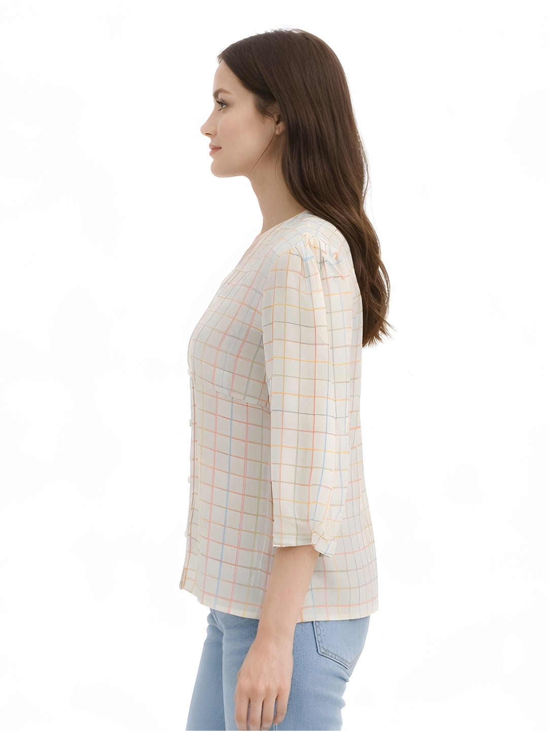 White Checked Elbow Sleeves Top