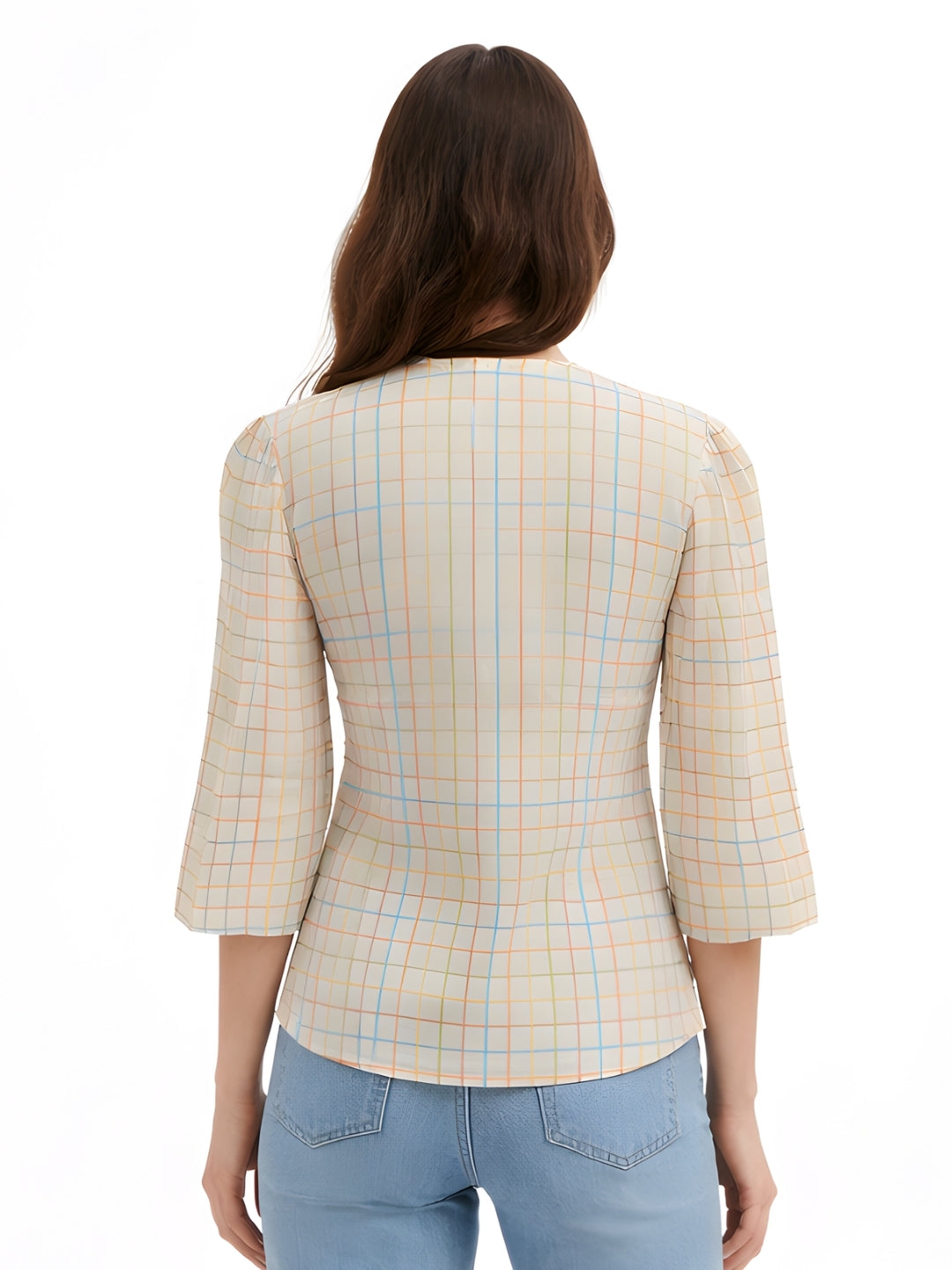 White Checked Elbow Sleeves Top