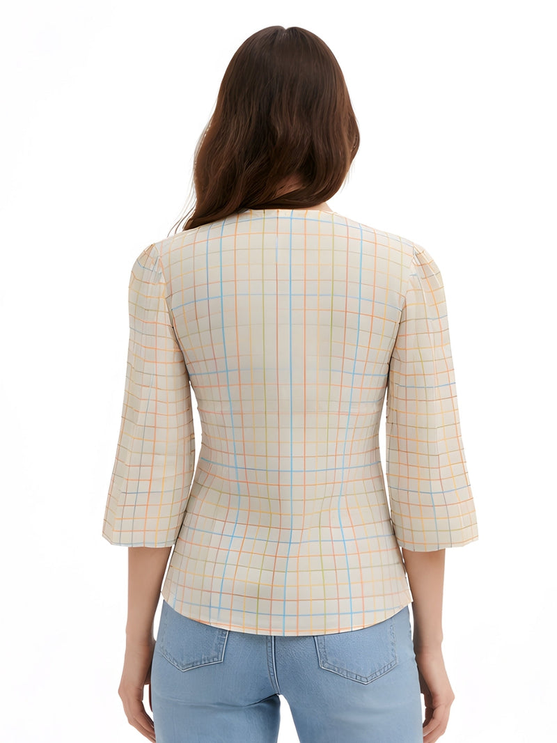 White Checked Elbow Sleeves Top