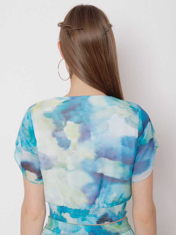 Blue & Green Abstract Printed Fitted Tie Up Top