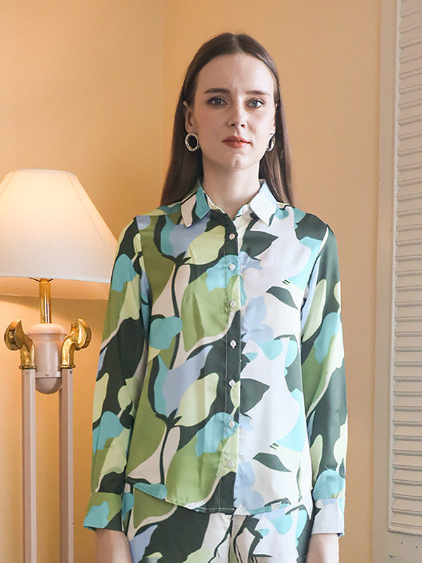 Off-White & Green Floral Printed Basic Shirt