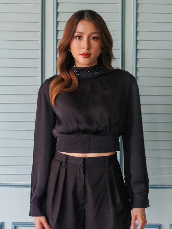 Black Solid High-Neck Crop Top