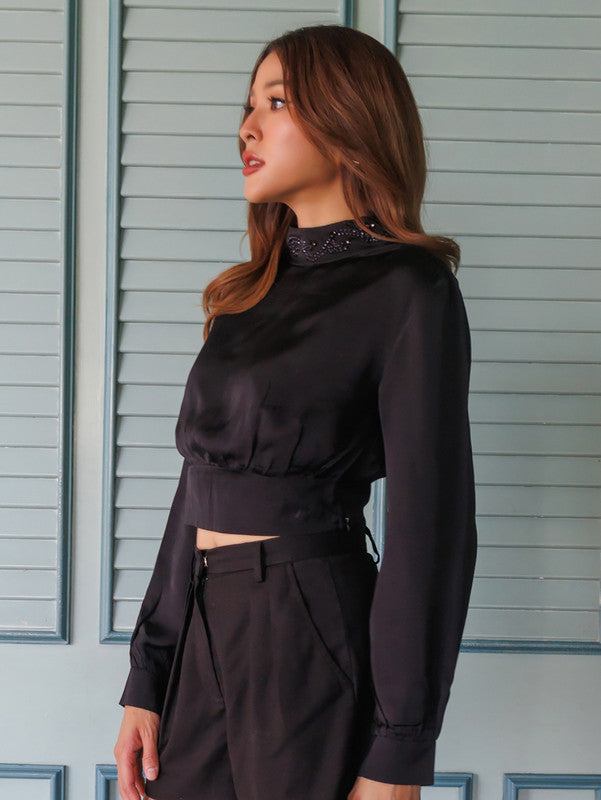 Black Solid High-Neck Crop Top