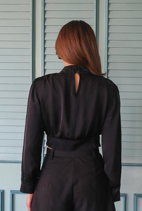 Black Solid High-Neck Crop Top