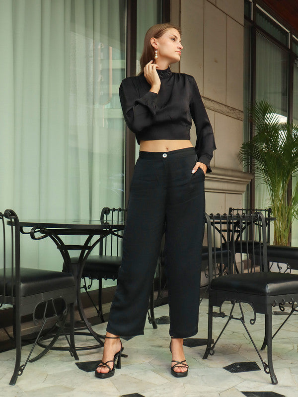 Black Solid High-Neck Crop Top