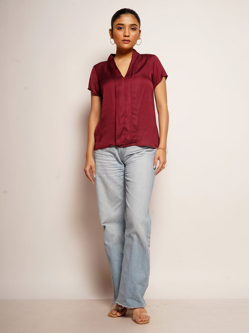 Women's Maroon Plain Basic Top