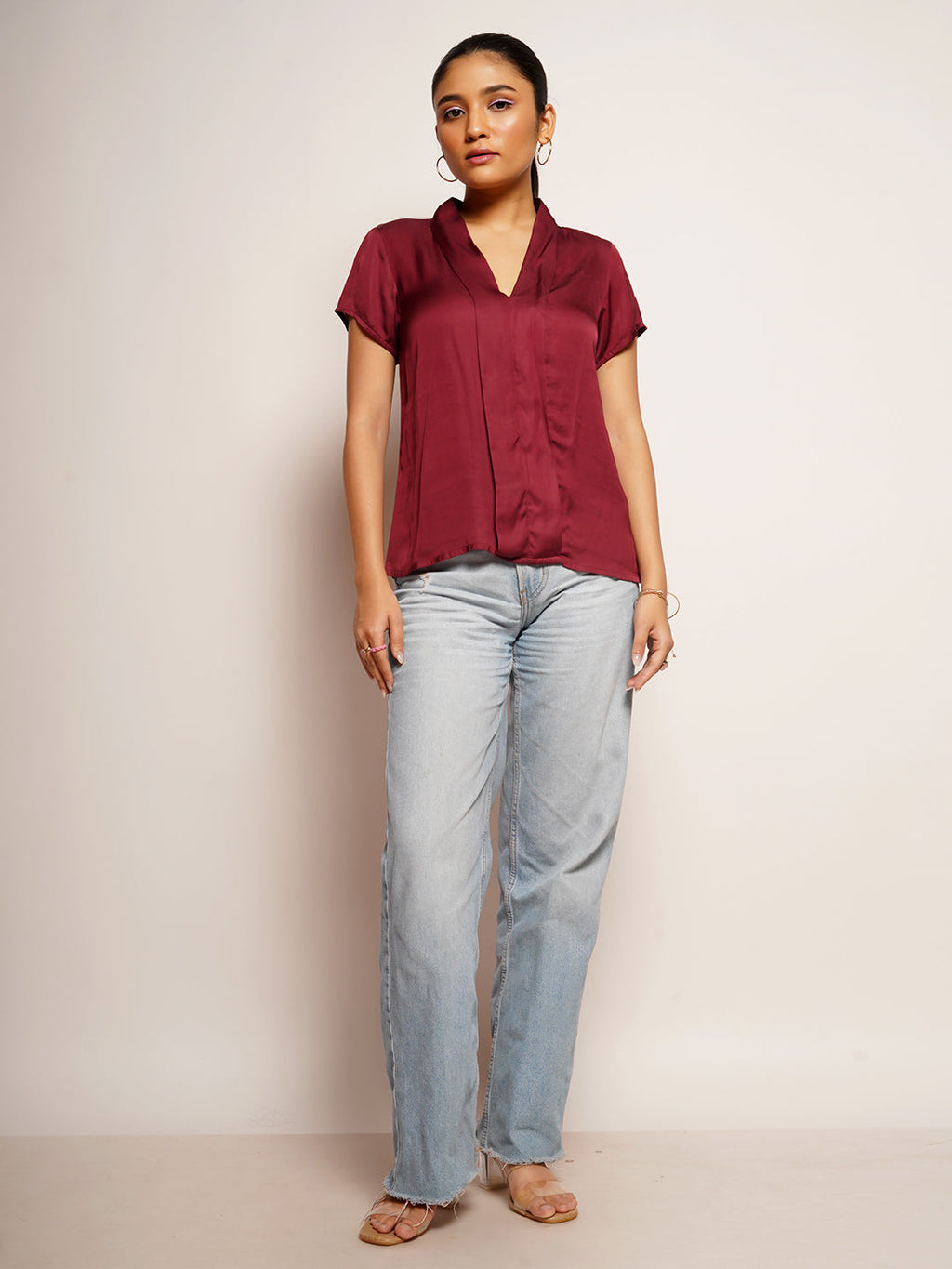 Women's Maroon Plain Basic Top