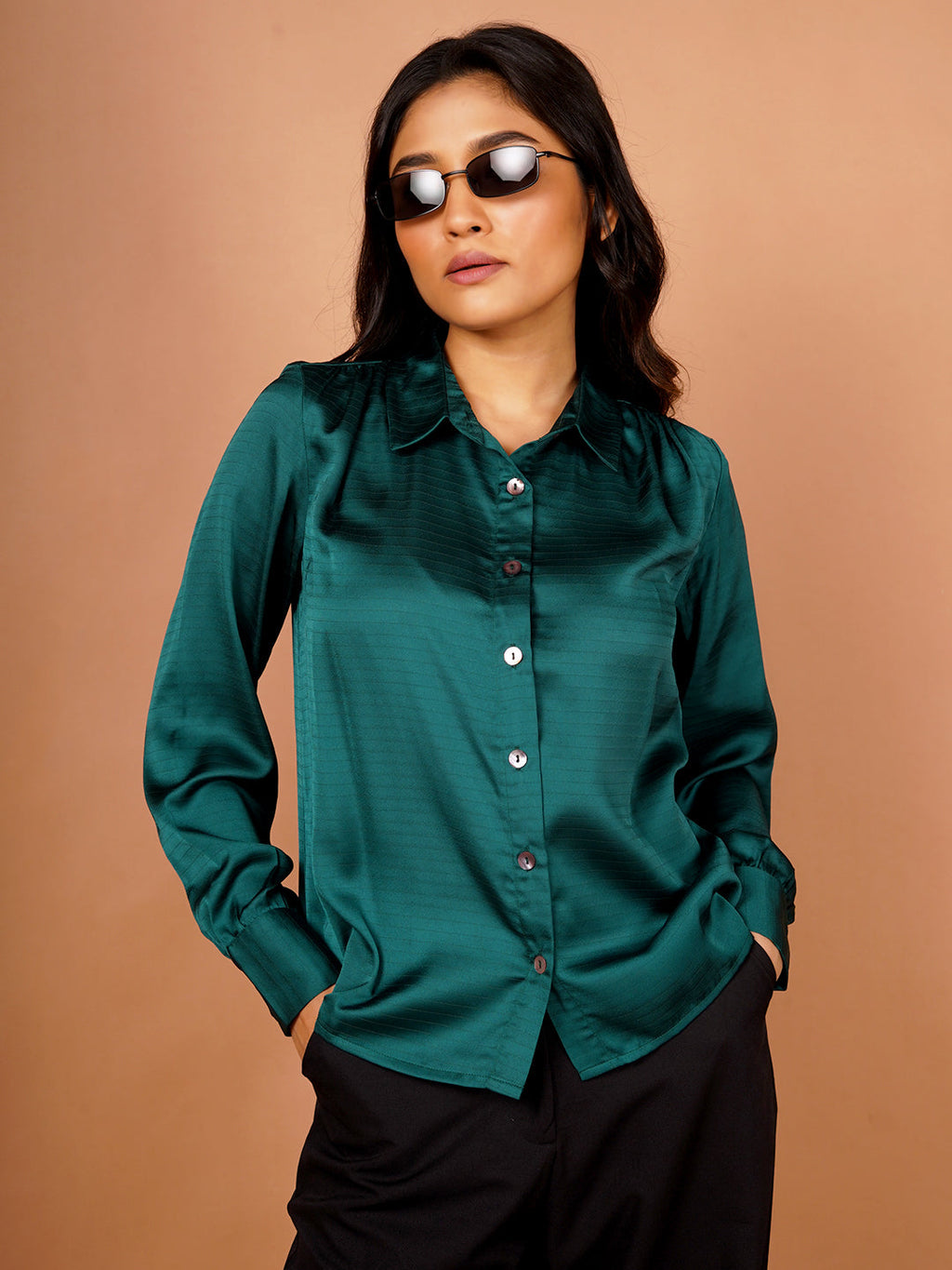 Women's Green Self Design Basic Shirt