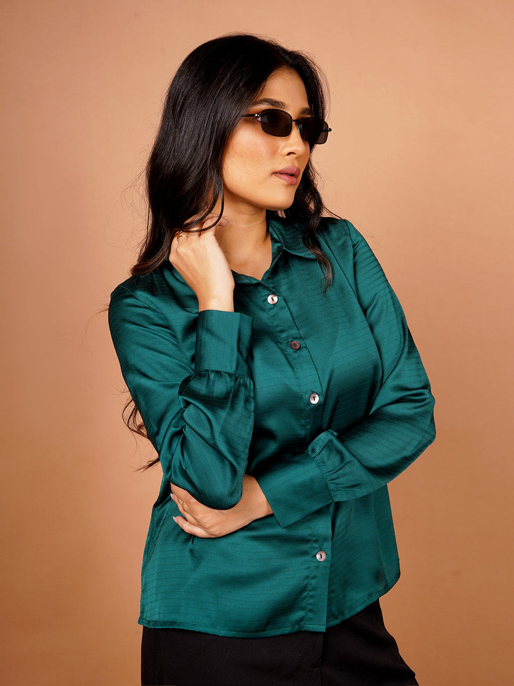 Women's Green Self Design Basic Shirt