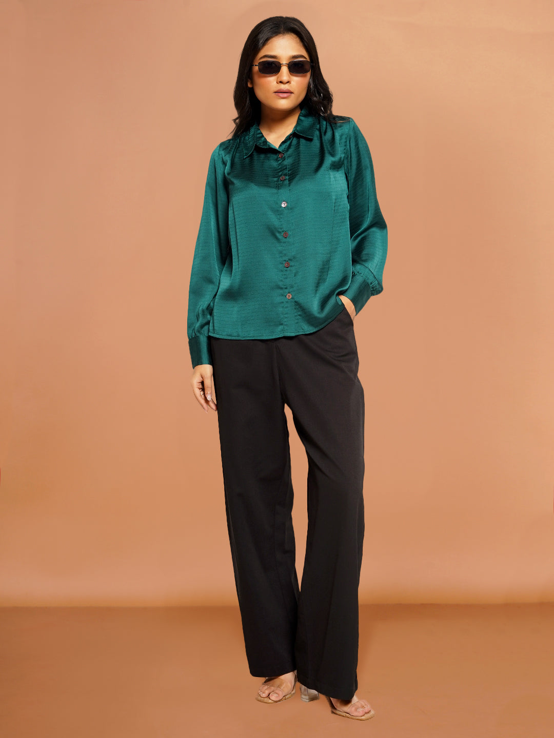 Women's Green Self Design Basic Shirt