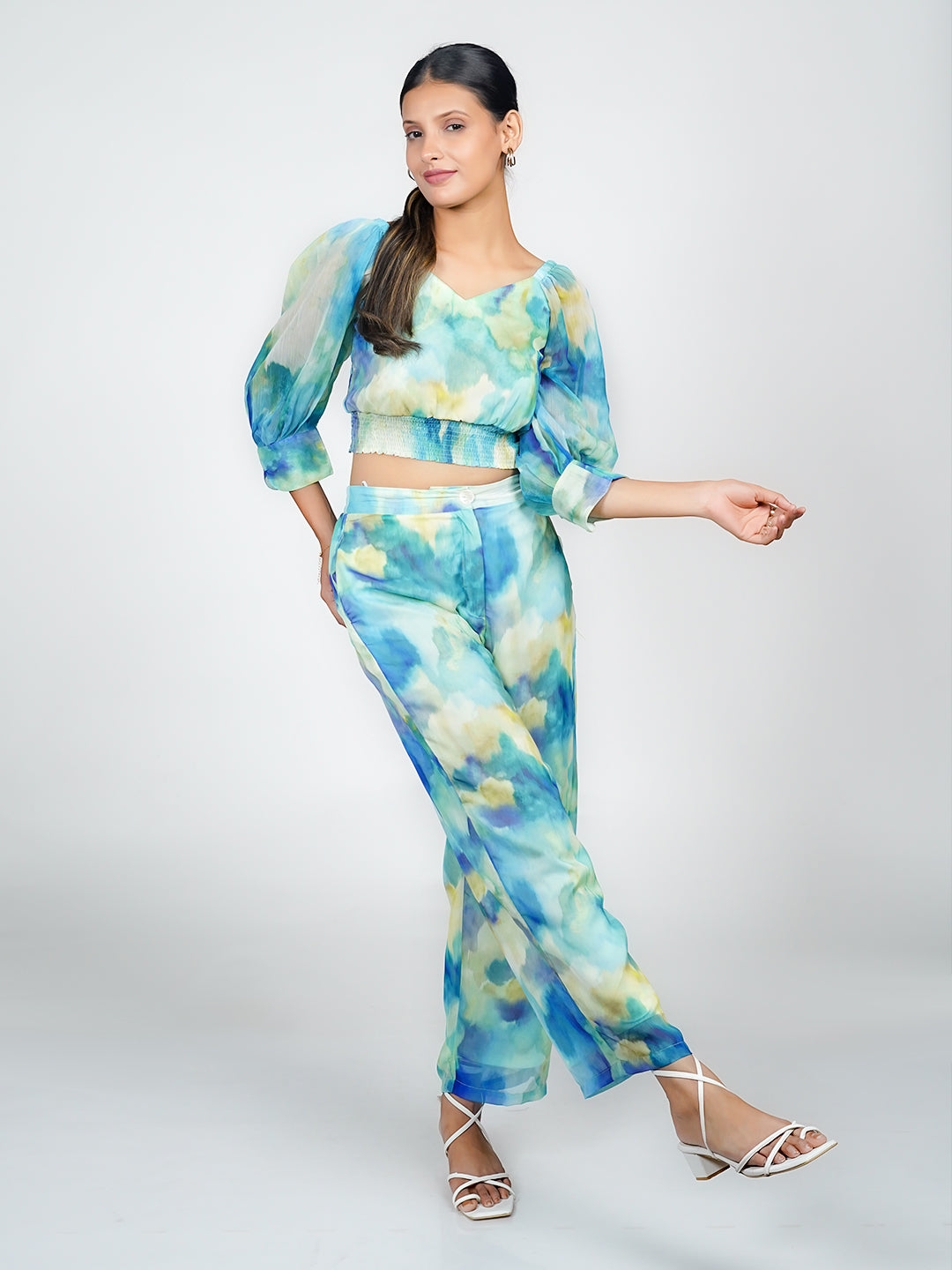 Blue Abstract Print Blouson Top
