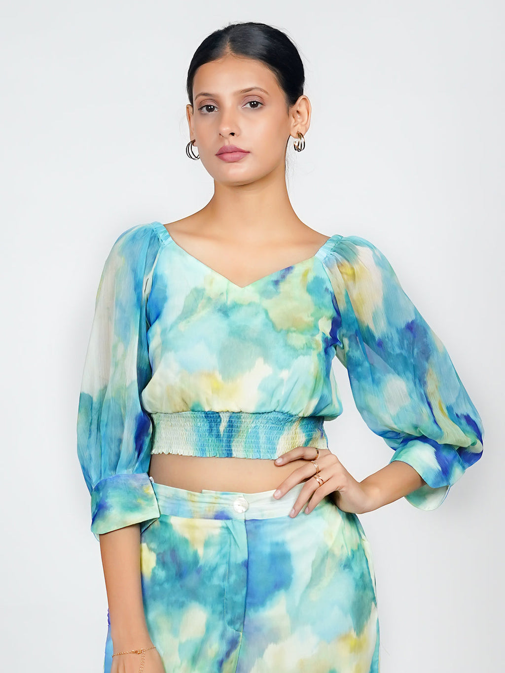 Blue Abstract Print Blouson Top