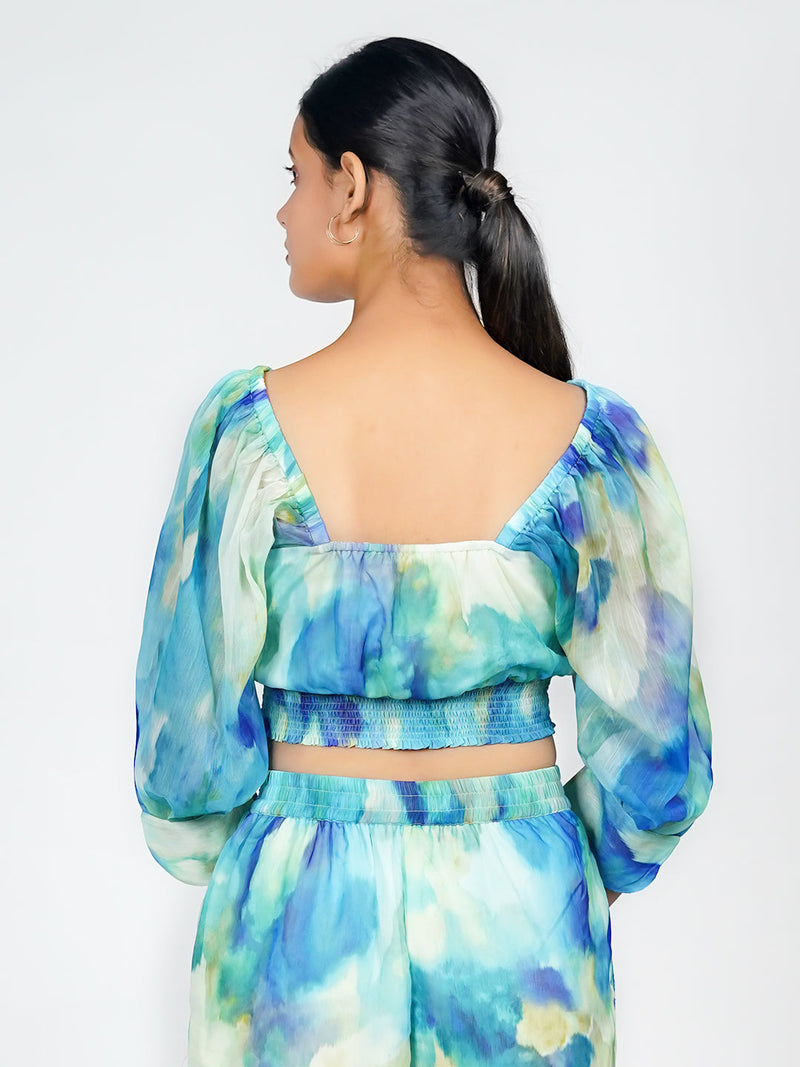 Blue Abstract Print Blouson Top