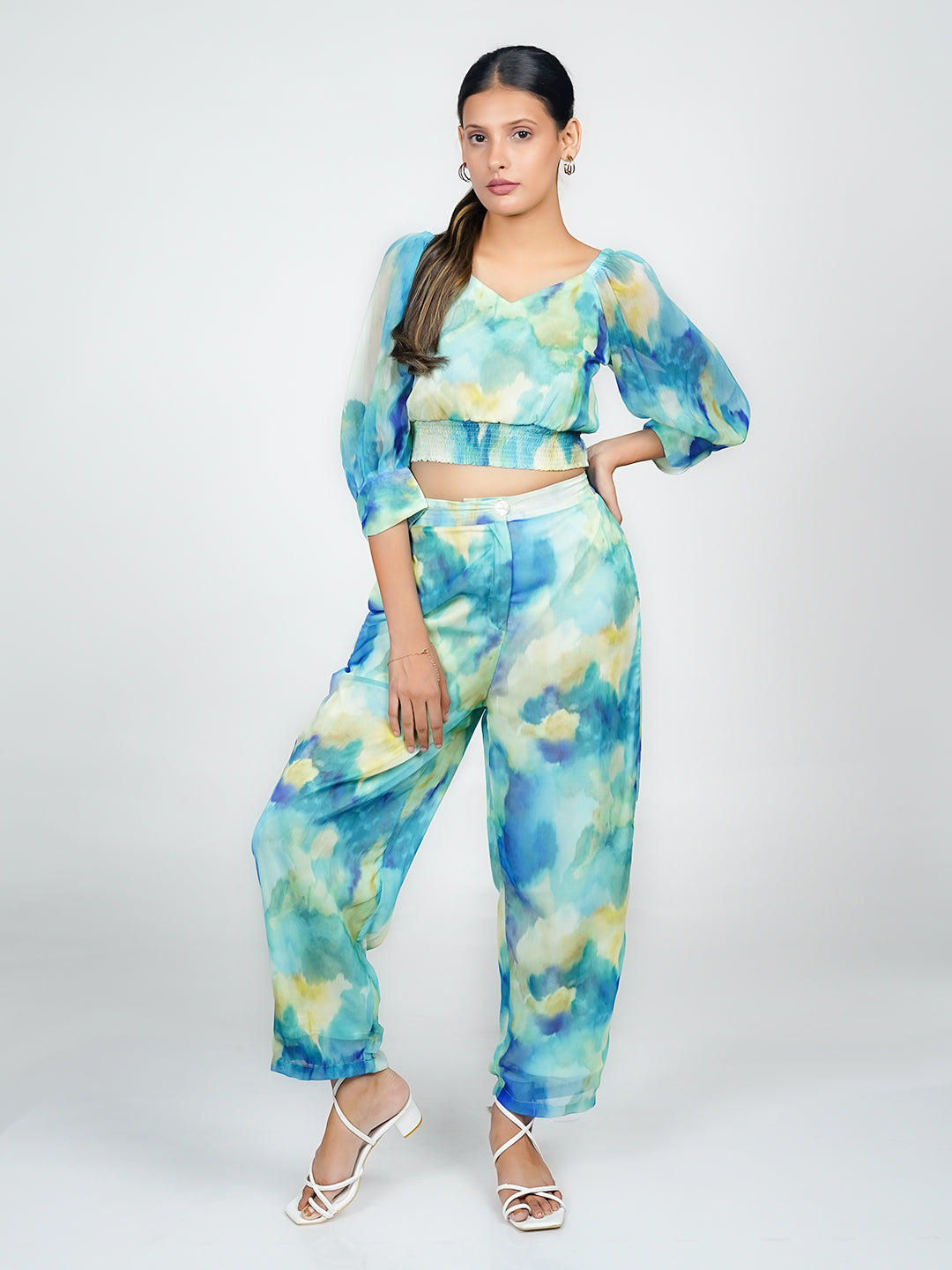Blue Abstract Print Blouson Top