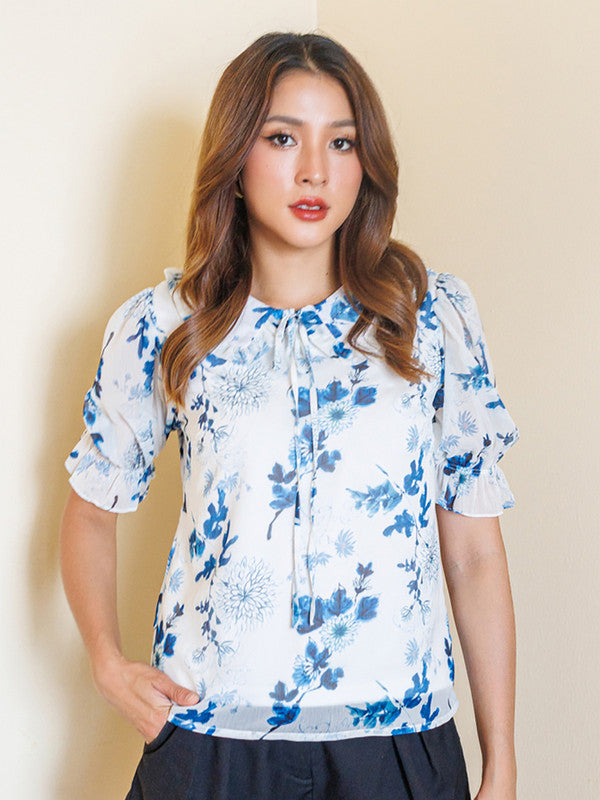 White Floral Print Basic Top