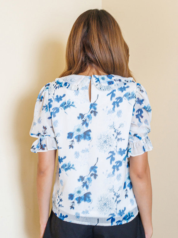 White Floral Print Basic Top