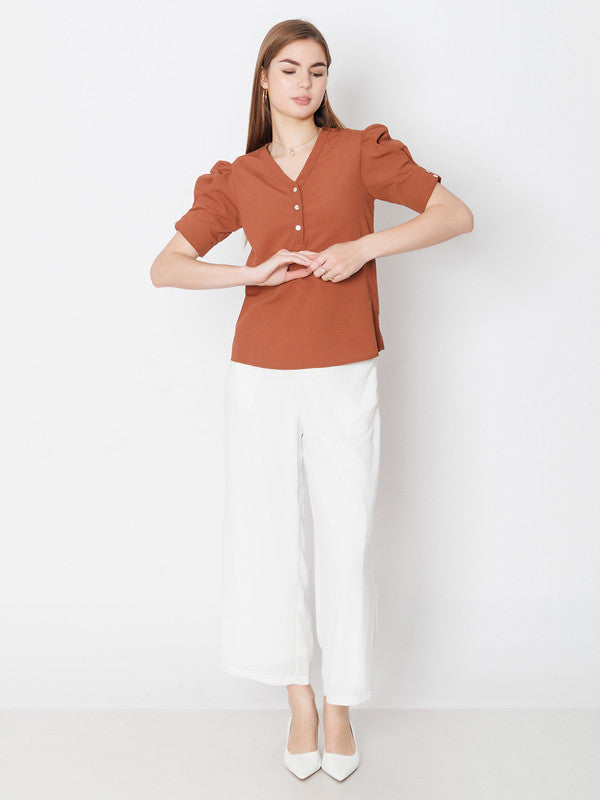 Brown Solid Textured Basic Top