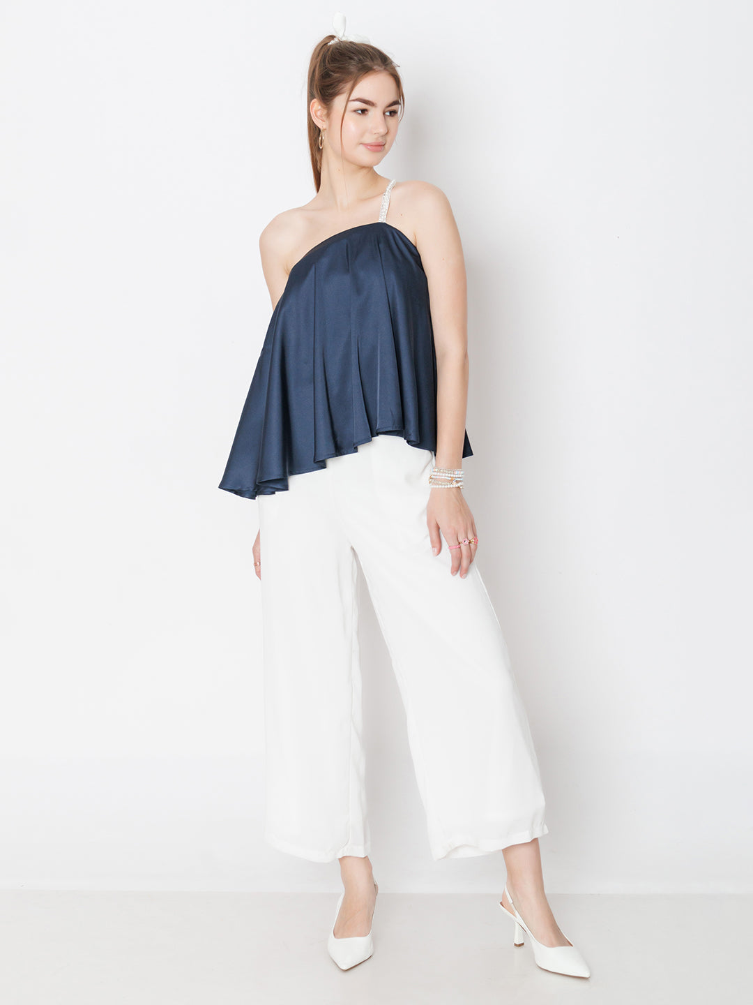 Navy Blue Solid One Shoulder Top