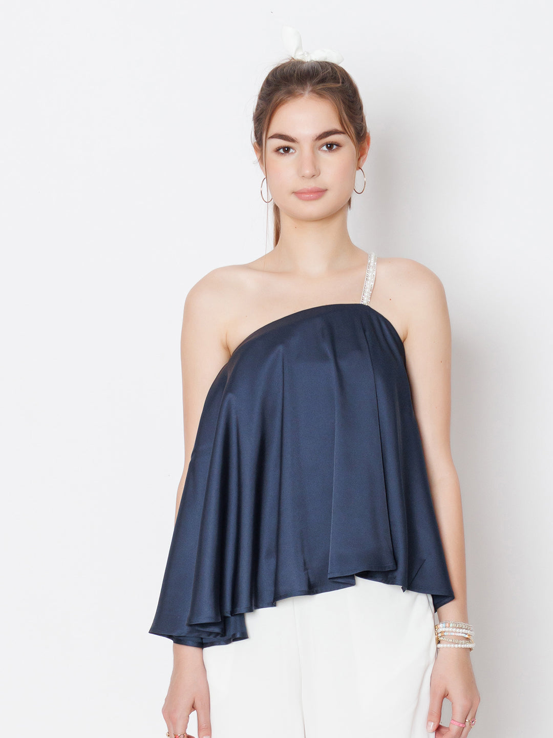 Navy Blue Solid One Shoulder Top