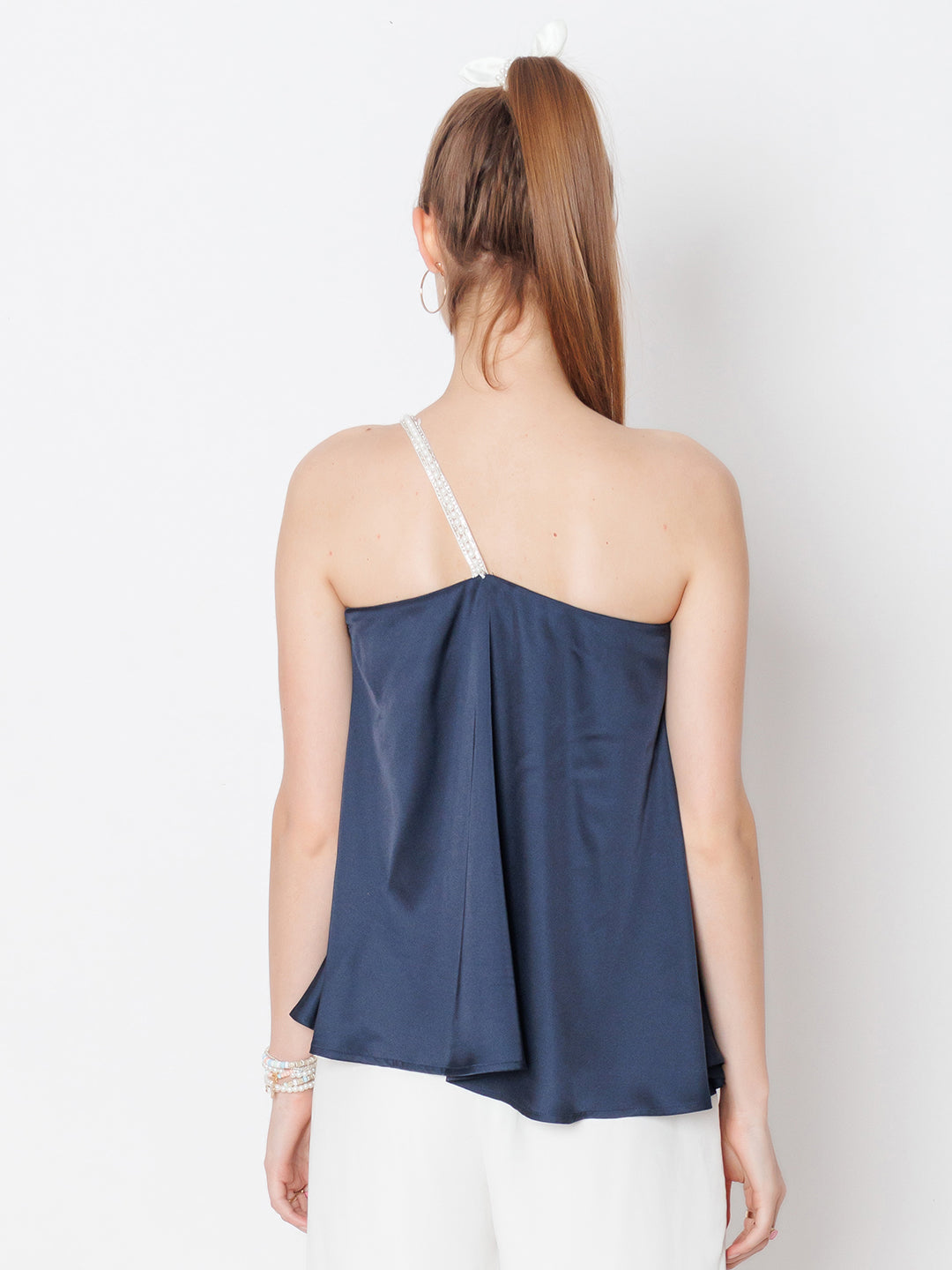 Navy Blue Solid One Shoulder Top